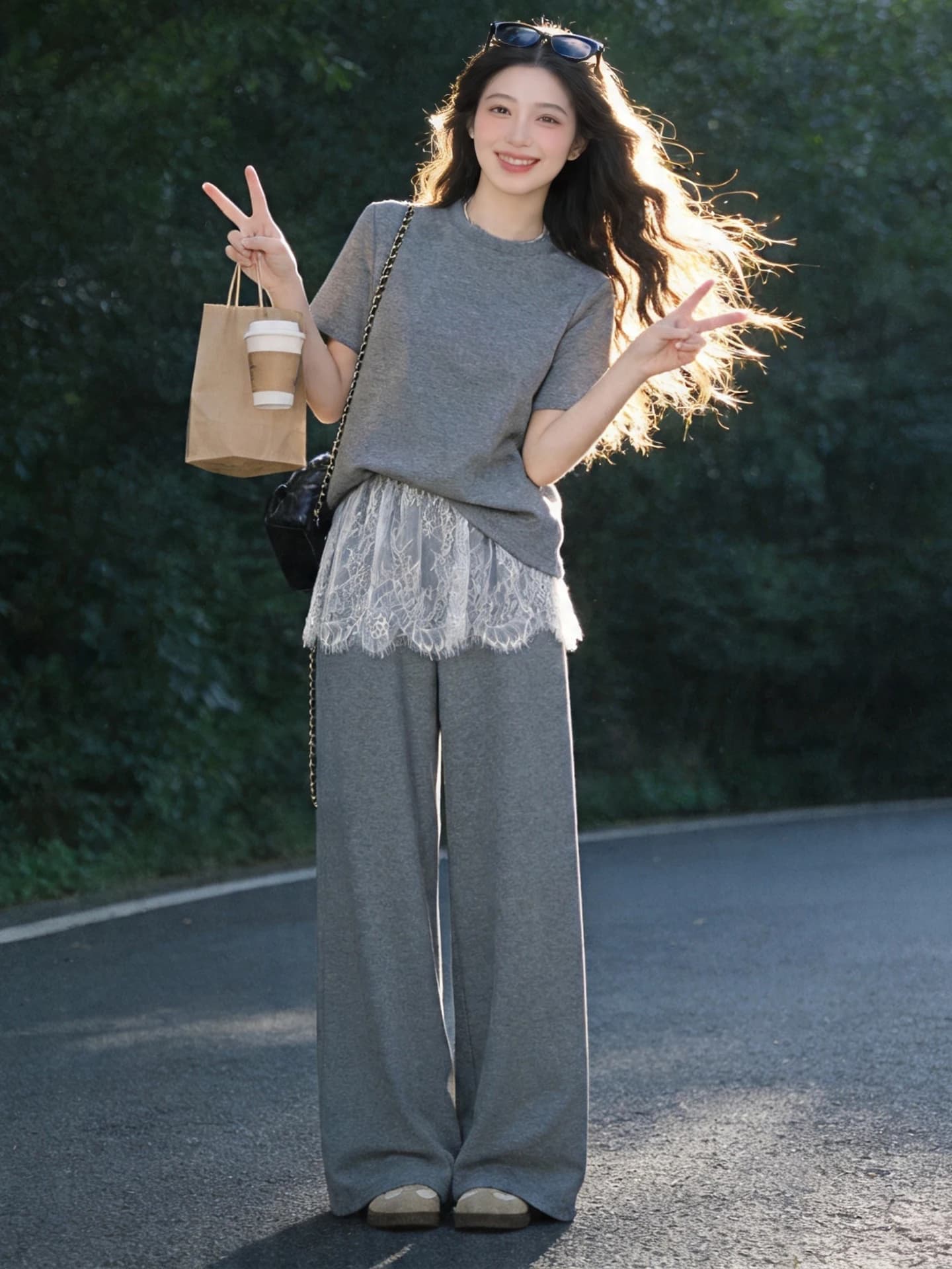 Summer 2026 Women's Fashion Short Sleeve T-shirt High Waist Lace Wide Leg Pants Loose Slimming Casual Set round Neck Tee