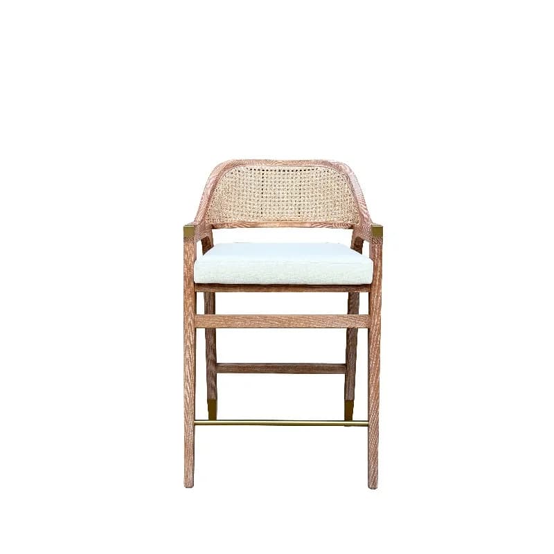 Sgabello da bar in legno massello con schienale alto in rattan chiaro e cuscino in lino - Sedia alta da lounge per ristoranti e bar