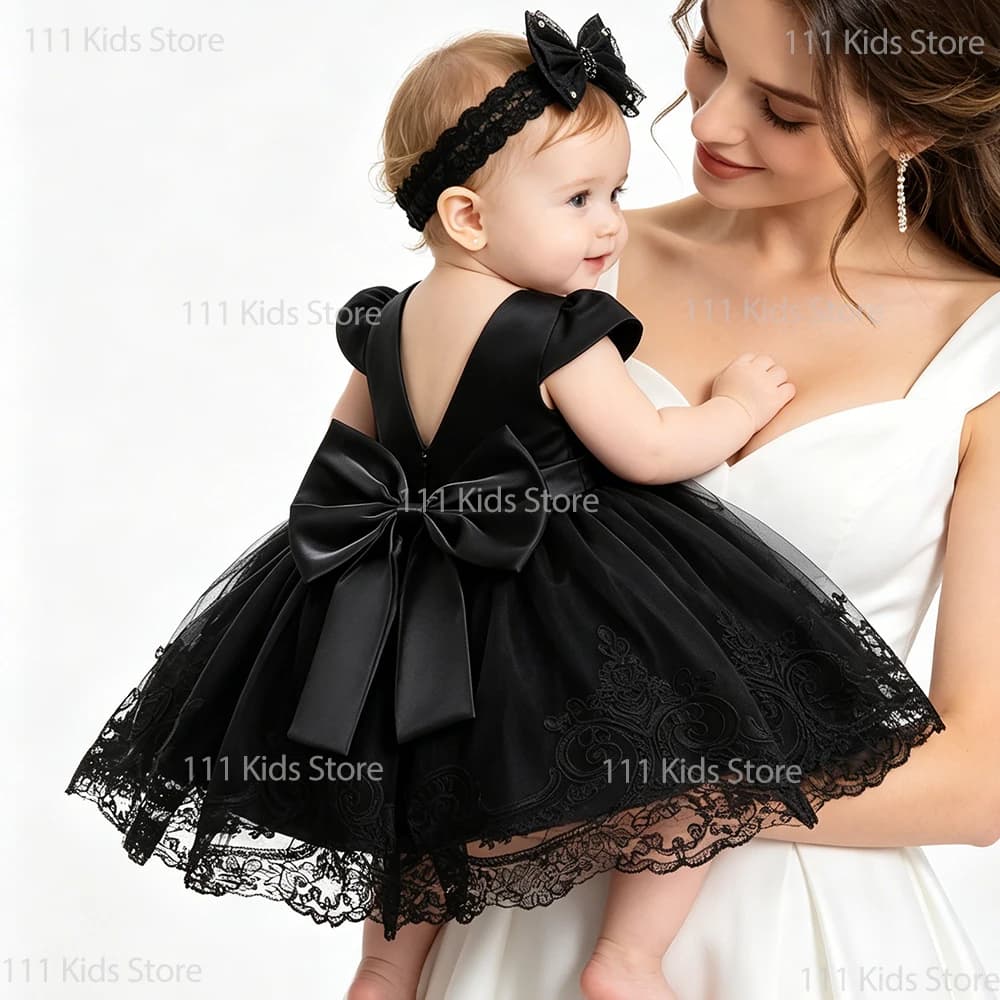 Abito da principessa in pizzo per bambina, abiti estivi con fiocco per il primo compleanno, abito da sera per bambini, costume nero a maniche corte 3-24 mesi
