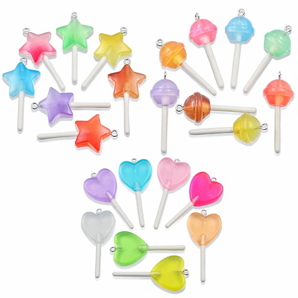 10pcs Resin Pendants Shiny Round Lollipop Star Love Heart Charms Mixed Colors Perfect for DIY Jewelry Making