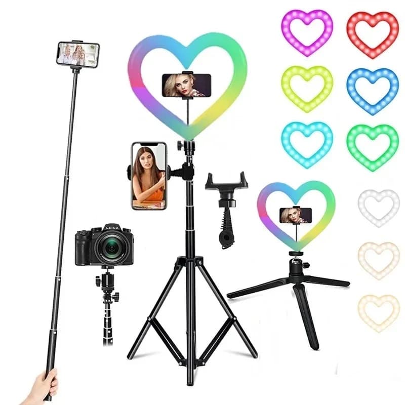 10 inches RGB Heart LED Selfie Ring Light Dimmable View Ring Photo Lighting Photo Lighting Tripod for makeup of phone Live Volg