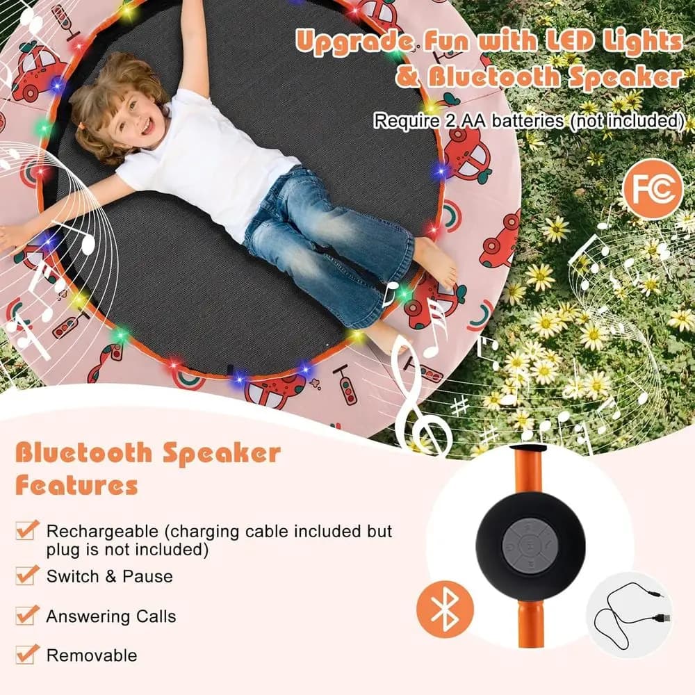 Trampolino compatto da 36 pollici con luci LED, altoparlante Bluetooth, maniglia rimovibile, imbottitura di sicurezza, adatto per bambini, per interni ed esterni