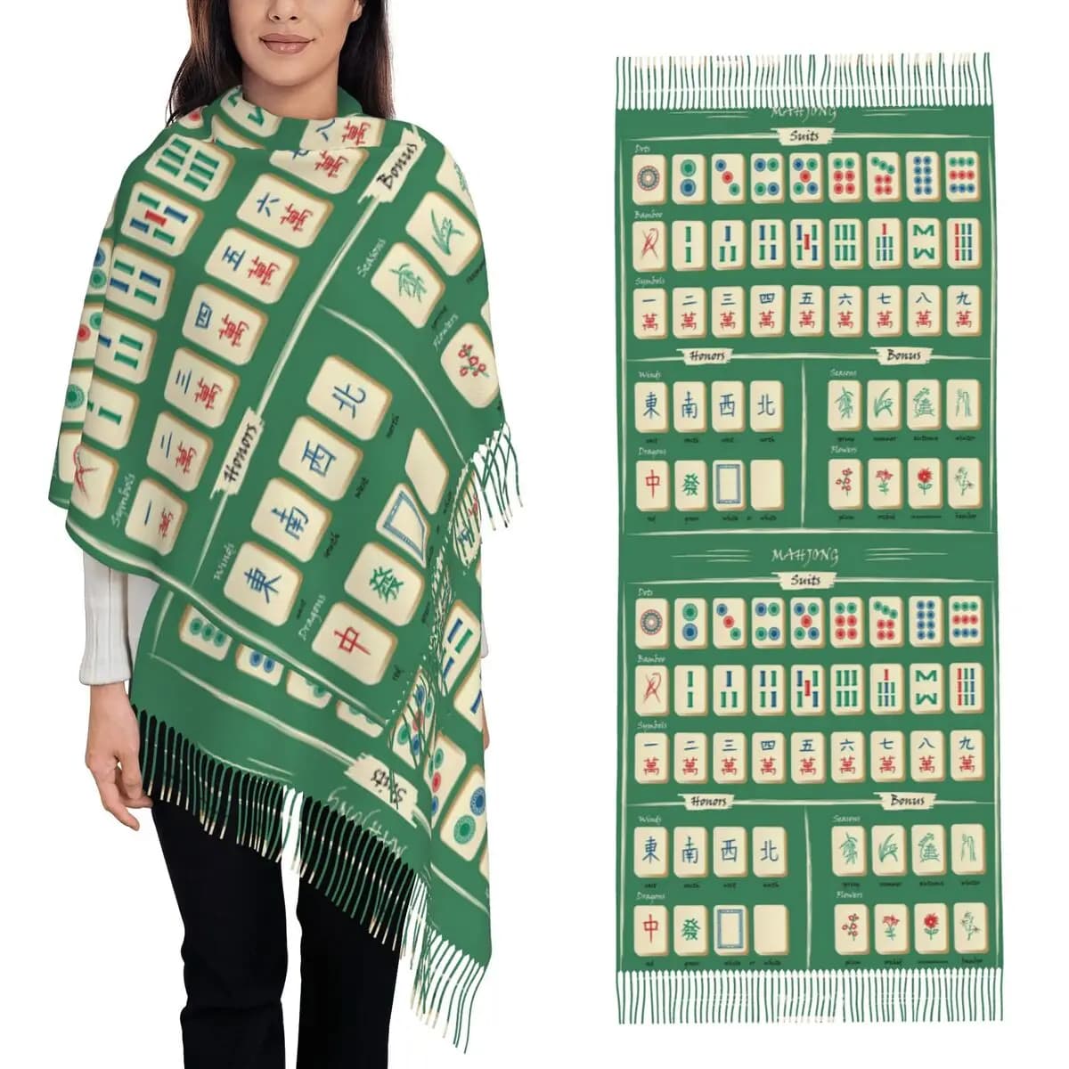 Sciarpa con motivo piastrella Mahjong Sciarpe con nappe per donna Scialli e stole morbidi e caldi Scialle lungo autunno inverno