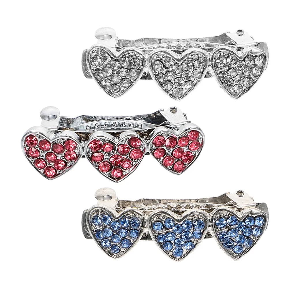 Set of 3 Heart Shape Hair Clips for Dogs, with Rhinestones, Mini Decorative Mollette for Puppies, Nice Head Accessories