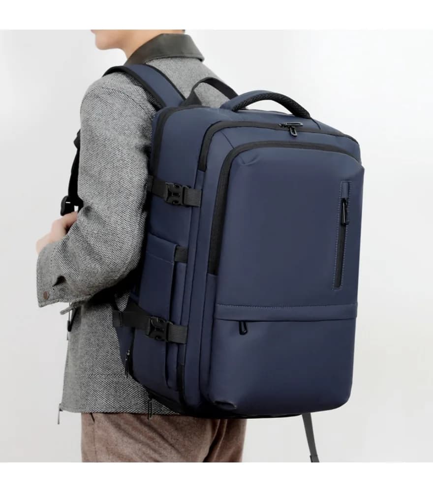 Black expandable travel backpack multi compartment design adjustable compression straps hidden anti theft pocket durable