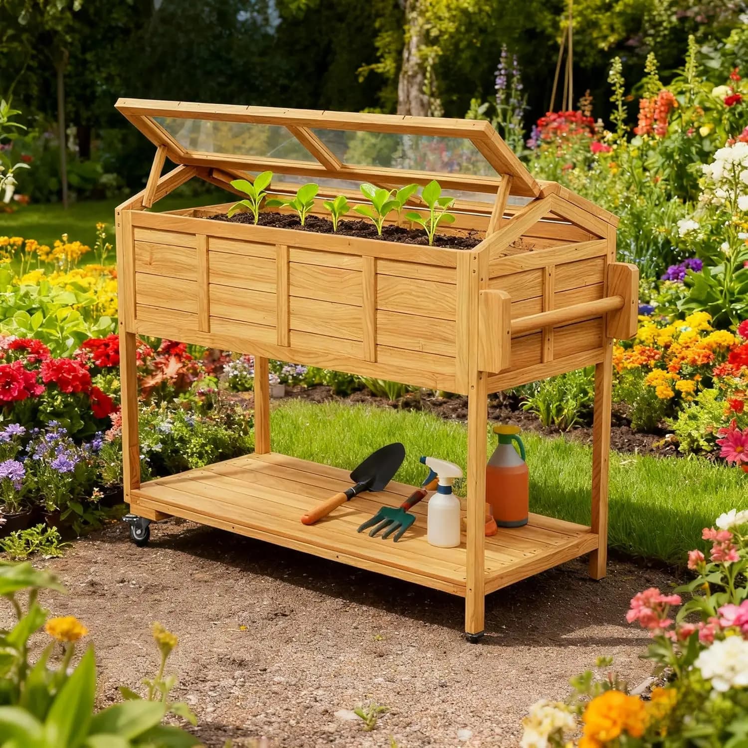 Raised planter on wheels with legs and cover, mobile basket for aromatic herbs with removable cover, outdoor raised flower with inner lining, storage shelf, tray for sowing, country rustic style