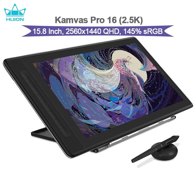 Huion Kamvas Pro 16 Tavoletta grafica con schermo 2,5K Display con penna antiriflesso da 15,8 pollici Monitor da disegno a colori 145% sRGB con supporto
