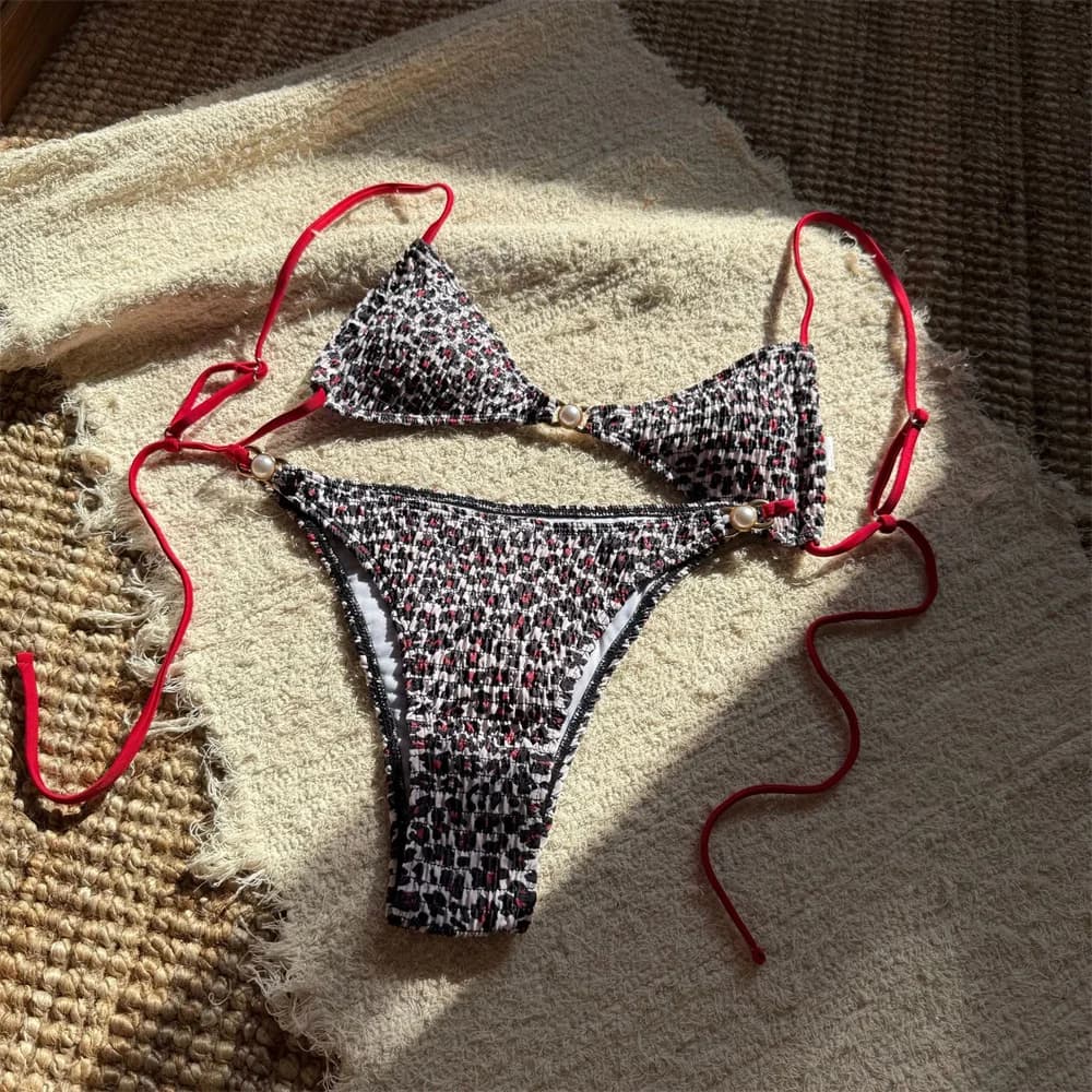 Costume da bagno sexy con stringhe bikini stampato leopardato smocking antirughe costumi da bagno donna senza schienale 2 pezzi costume da bagno per vacanze al mare