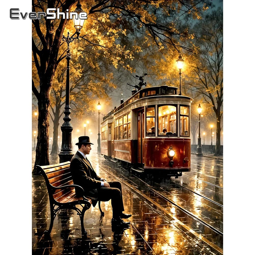 EverShine Pittura con Strass e Ricamo Diamantato, Paesaggio Urbano e Auto, Mosaico a Punto Croce con Copertura Totale, Arte da Parete