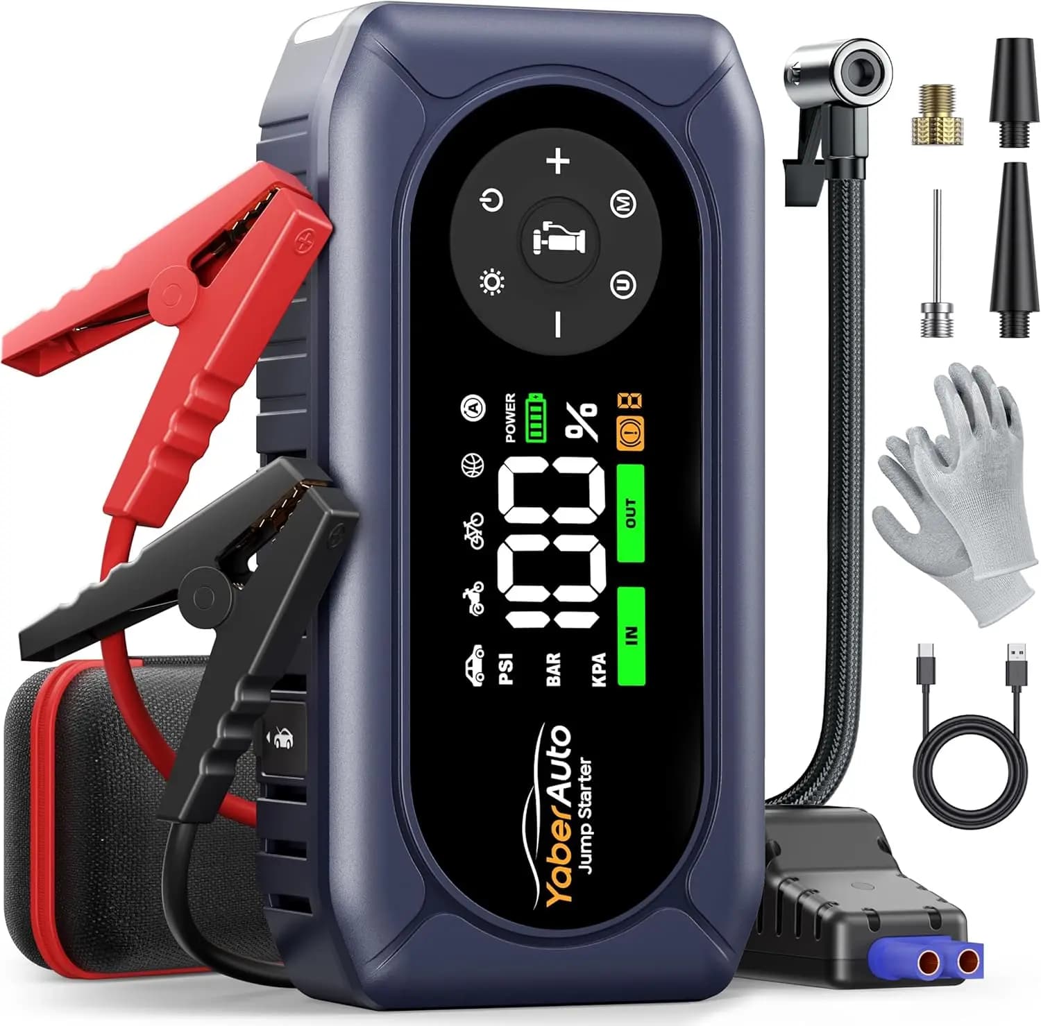 Avviatore di emergenza 9 in 1 con compressore d'aria, 4500 A 150 PSI, ponticello batteria portatile da 12 V, include guanti e luce