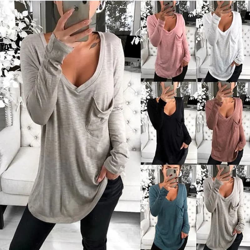 T-shirt da donna a maniche lunghe con scollo a V alla moda in tinta unita T-shirt semplice casual da donna