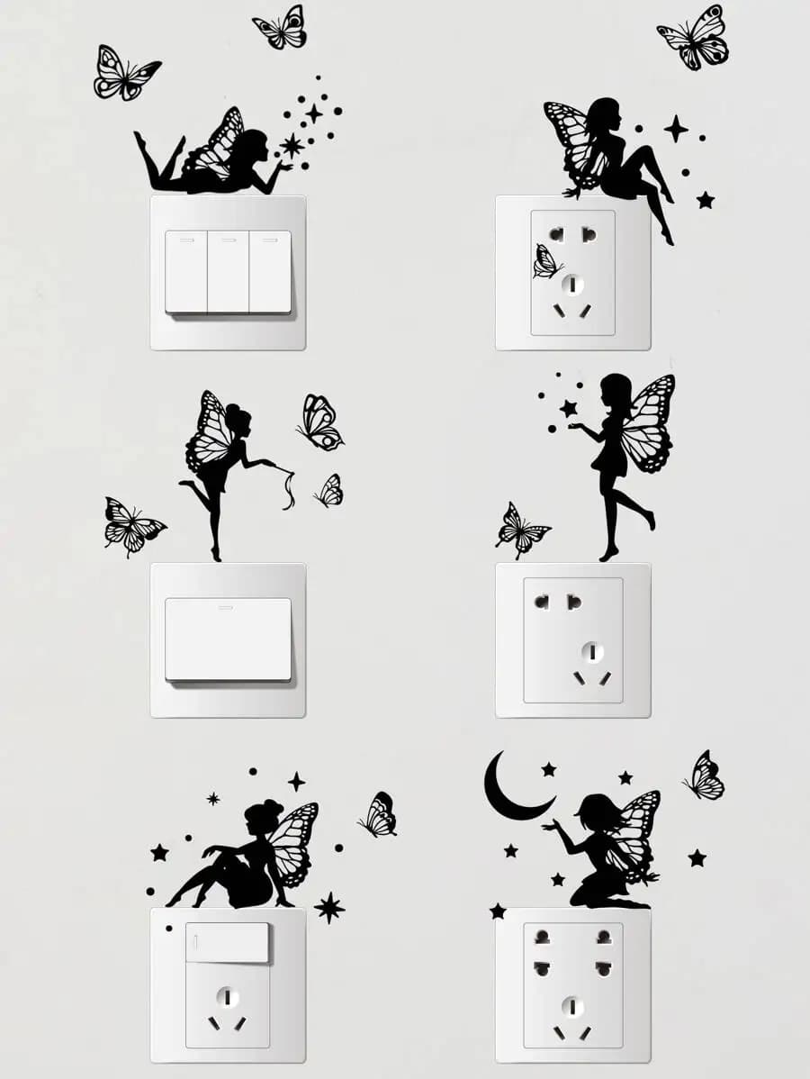 6pcs Fairy And Butterfly Silhouette Vinyl Wall Stickers For Light Switches And Outlets Home Spring Decor