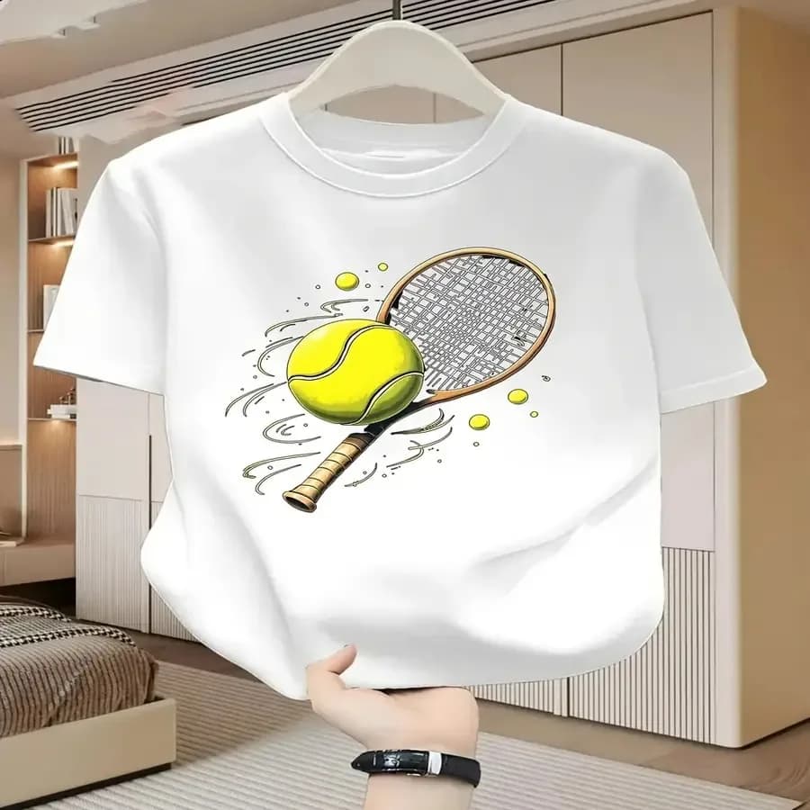 【Nuovo arrivo】T-shirt con grafica vivace di racchetta da tennis e palla da tennis, stampa artistica sportiva, top casual bianco con scollo rotondo
