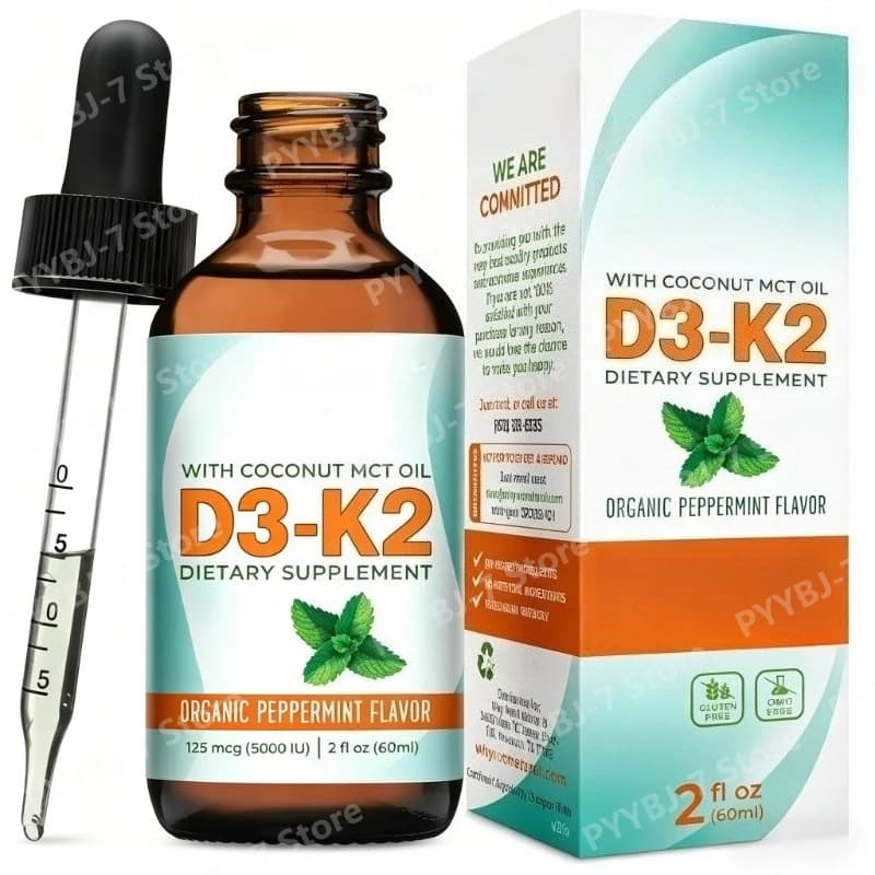 Gocce Liquide di Vitamina D3 K2 (MK-7) Biologica con Olio MCT di Cocco per il Supporto delle Ossa Forti, Integratore Nutrizionale Quotidiano 60ml