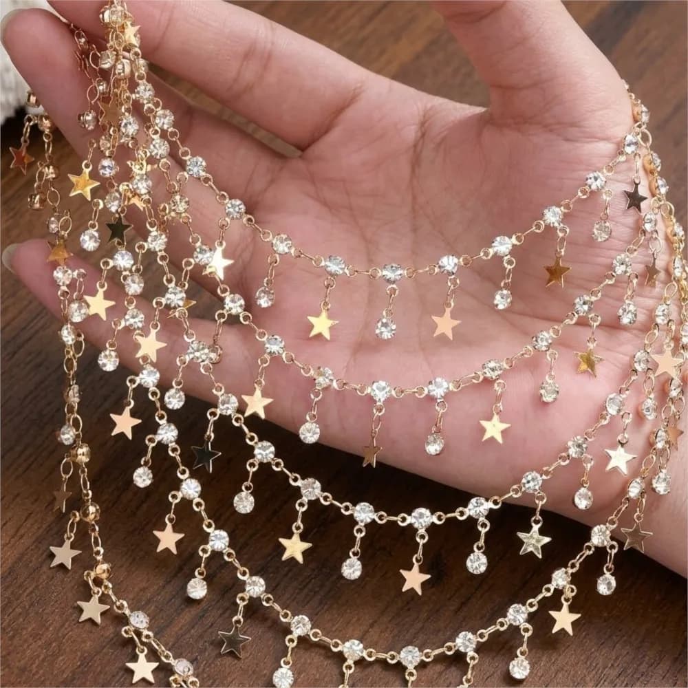 Catena in rame con nappe di strass scintillanti a forma di stella da 1 metro, per bracciali fai da te, collane, accessori per la creazione di gioielli e abbigliamento