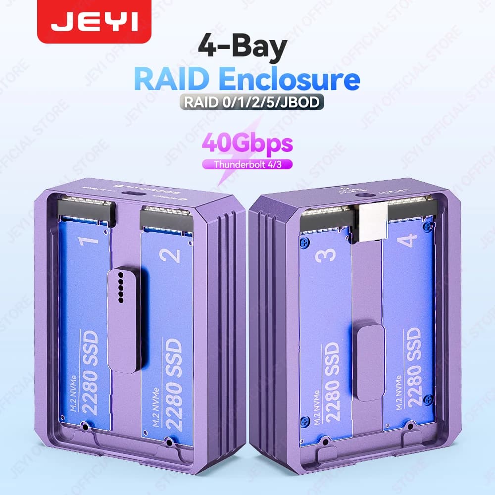 Custodia SSD JEYI M.2 NVMe a 4 alloggiamenti con TB 4/3 e USB 4 40 Gbps, supporto RAID morbido, docking station ad alte velocità