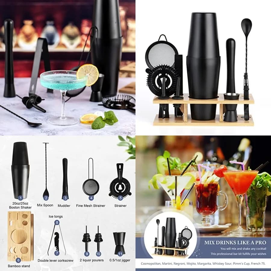 Set da Cocktail 11 Pezzi, Kit da Barman in Acciaio Inox, Shaker Boston 25oz, Set Professionale per Preparazione Cocktail