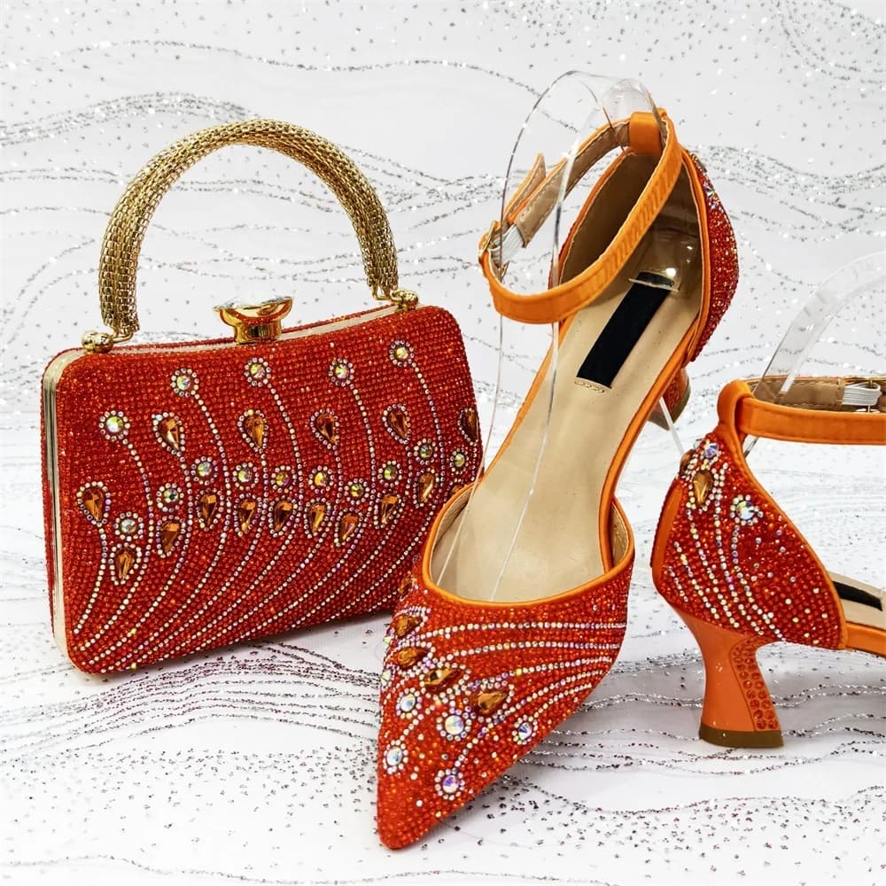 Nigerian Style Crystal High Heels Sandals Shoes And Bag Combo Fashion Summer Women Elegant Pumps Shoes With Purse For Party