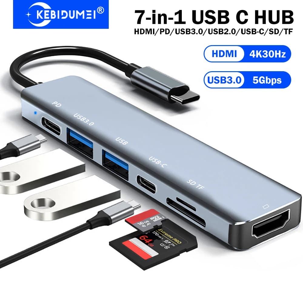 KEBIDUMEI 7-in-1 USB C Docking Station USB 3.0 HUB 5Gbps Type C to HDMI/USB3.0/PD100W/SD/TF/USB-C HUB USB Splitter For Laptop