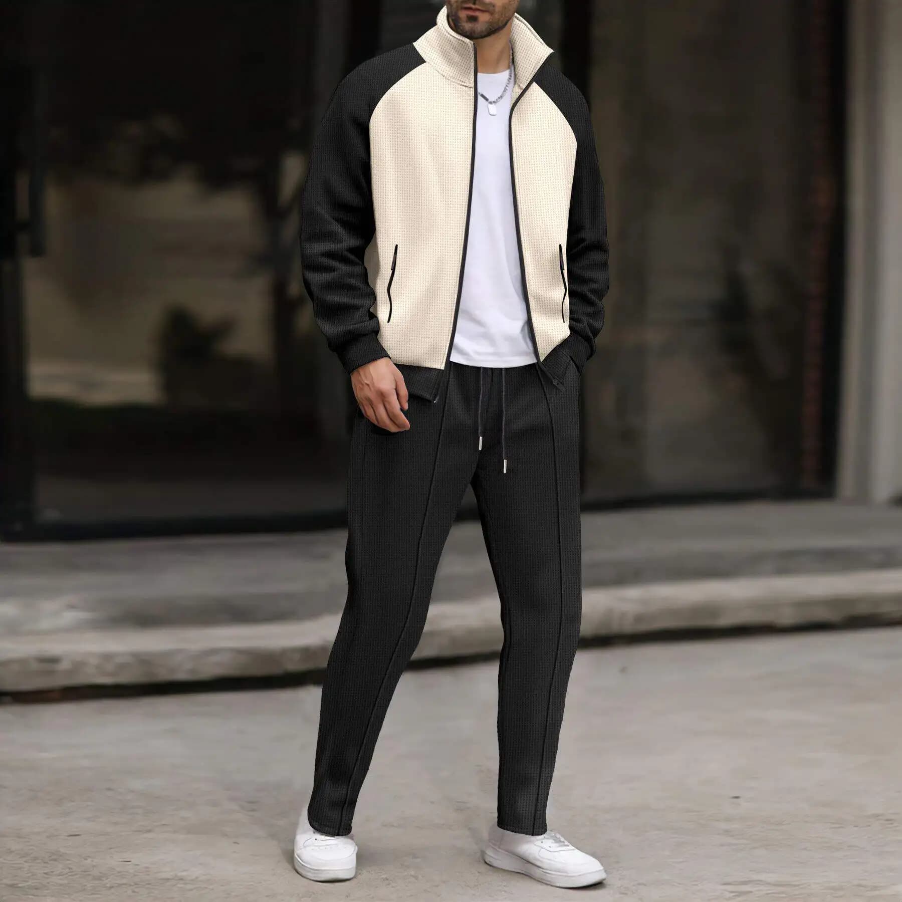 New Autumn Cross-Border Independent Station Waffle Color Block Pocket Zipper Stand Collar Long Sleeve Jacket Pants Set