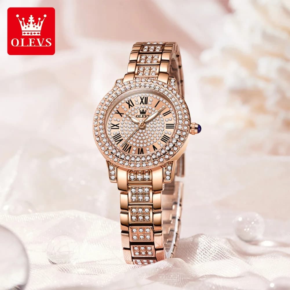 OLEVS 9943 Full Diamond Quartz Wristwatch for Women Stainless Steel Waterproof Luminous Dress Fashion Elegant Ladies Watch