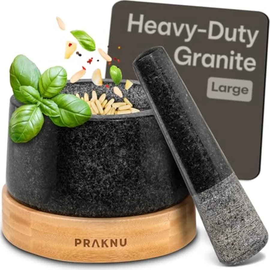 Grande Set Mortaio e Pestello da 2 Tazze, Macinino in Granito Resistente per Spezie ed Erbe con Base in Legno Antiscivolo, Macinazione Durevole e Senza Sforzo