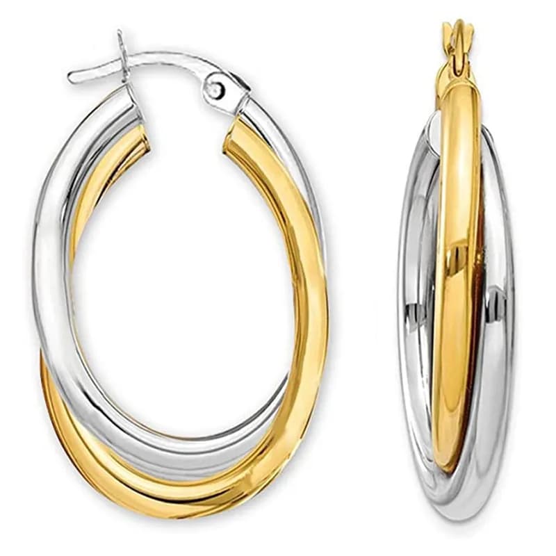 Gli orecchini da donna di tendenza dal design europeo e americano sono gioielli circolari bicolore, semplici, lucidi, a doppio strato