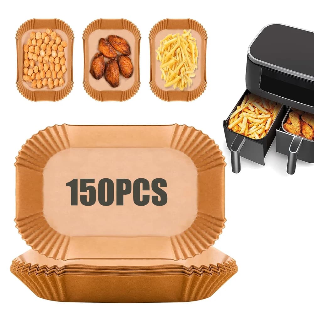 50/100/150 pieces disposable paper rectangle for air fryer, 8,6x 5.5 '' kitchen paper with non-stick parchment coating in bags