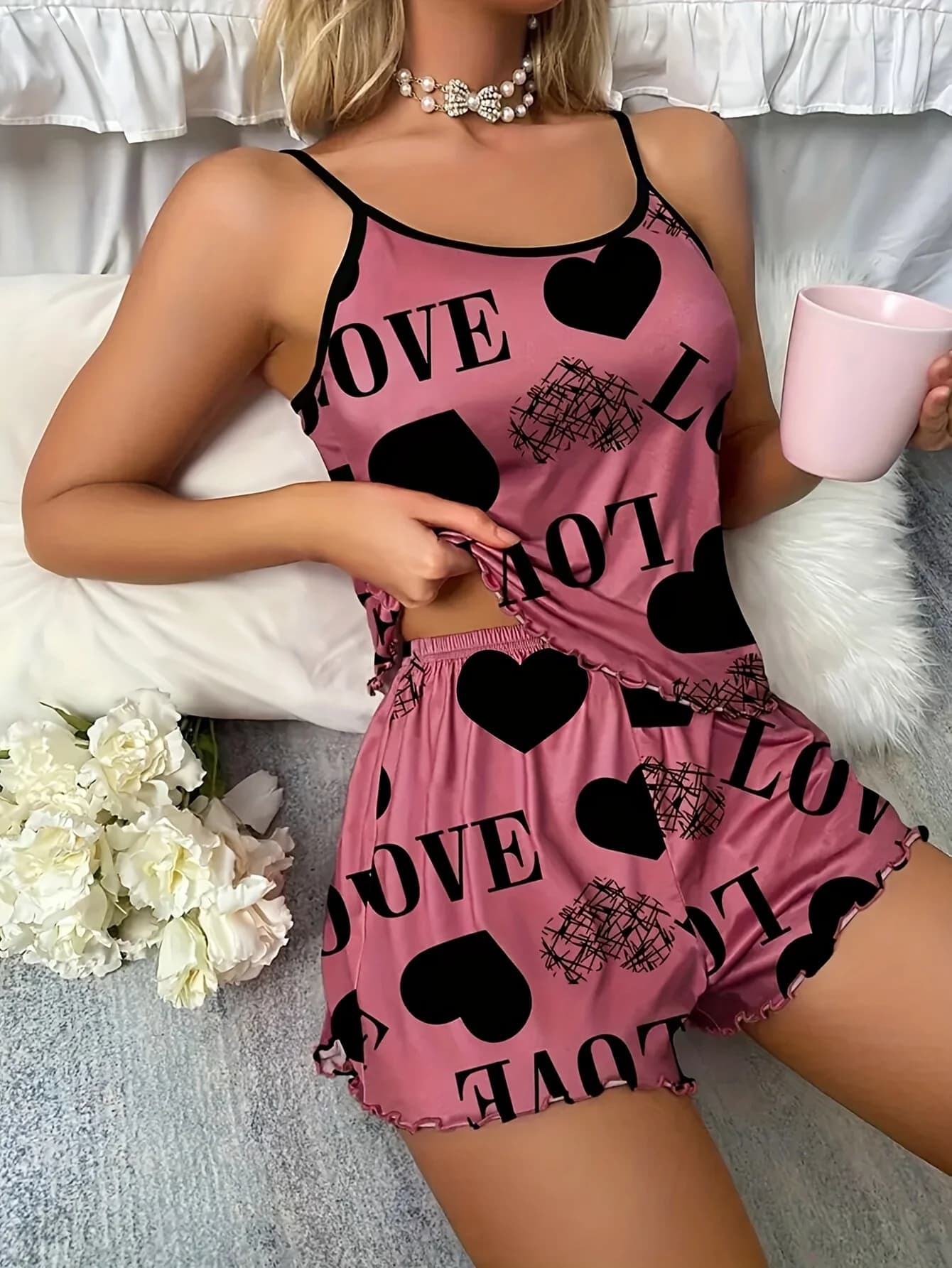 Nuovo stile da donna LOVE Love pantaloncini con scollo all'americana set casual in due pezzi comodo da indossare per la casa
