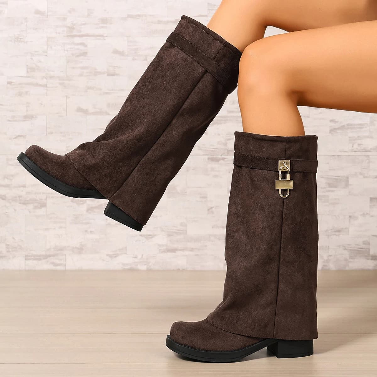 Women's Large Size Brown Heeled Long Boots, Fall/Winter Style, Mid-Calf Boots, Over-The-Knee Western Boots