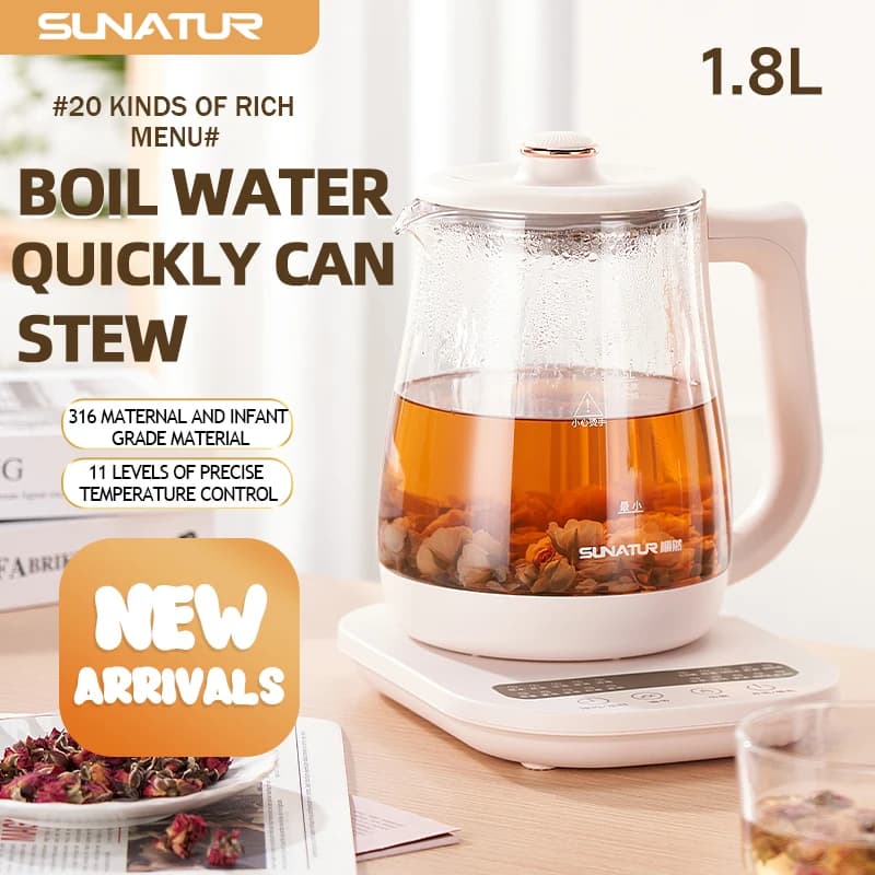 SUNATUR Bollitori Elettrico In Vetro 220V Multifunzione Salute Pentola Latte Frutta Tè Caffè Acqua 800W 24 ore di Conservazione del Calore