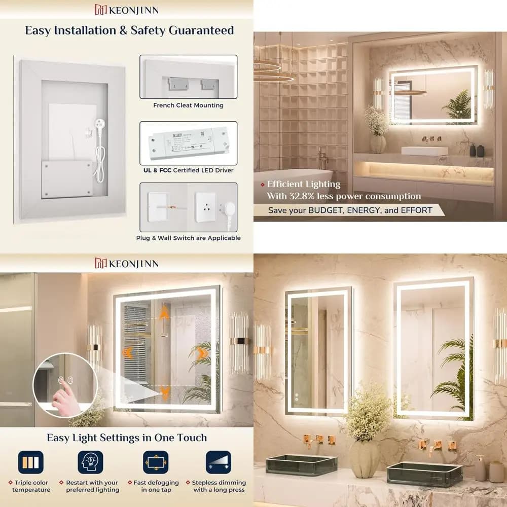 Specchio da bagno illuminato, specchio LED 40x24 con temperatura a 3 colori, luci dimmerabili, vetro temperato HD, driver a LED UL