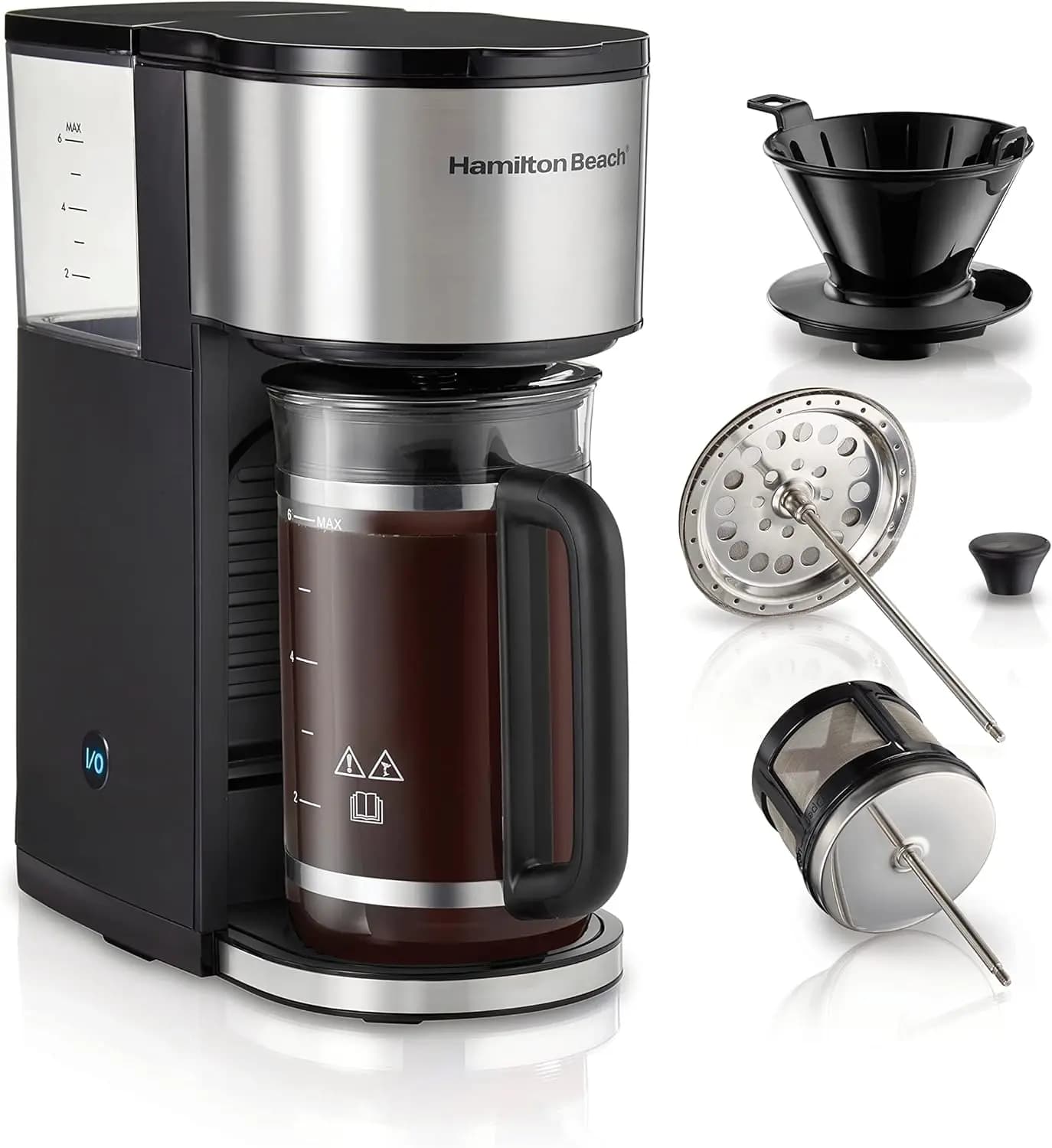 Caffettiera compatta 7 in 1: gocciolamento, porzione singola, pressa francese, versare e preparazione a freddo con caraffa da 6 tazze