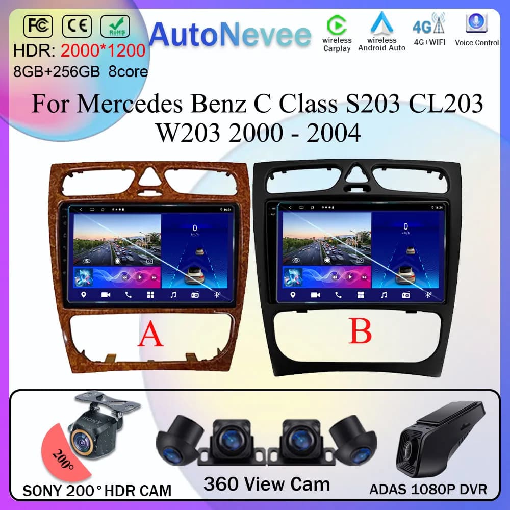 Android 14 wifi + 4G Carplay BT Autoradio Per Benz W203 W209 C180 C200 C220 C230 2004-2011 Navigazione GPS Video Player Multimediale