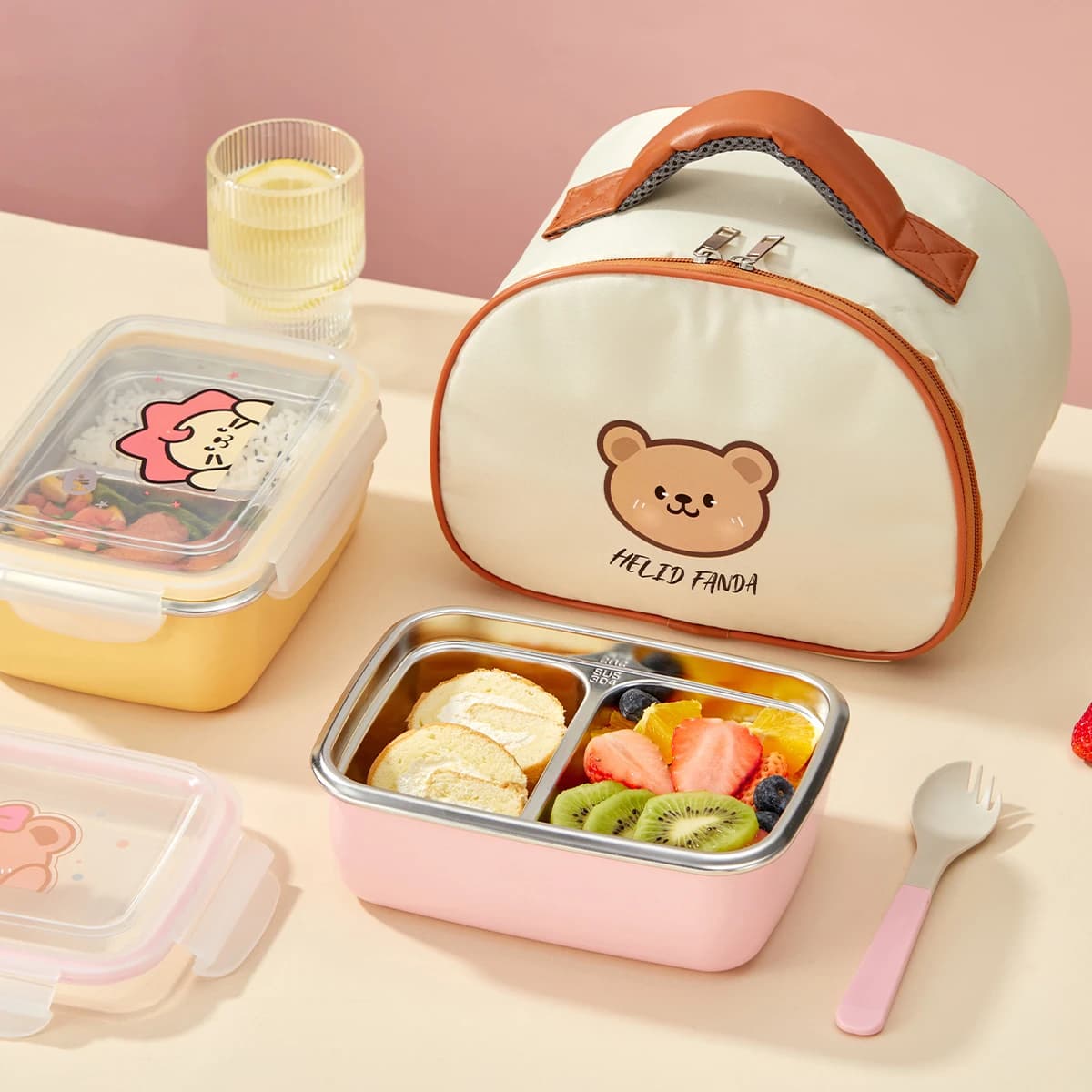 Simpatico contenitore per il pranzo diviso in scomparti con cucchiaio, 850/530 ml, portatile, sigillato, in acciaio inossidabile 304, per bambini e studenti, adatto al microonde.
