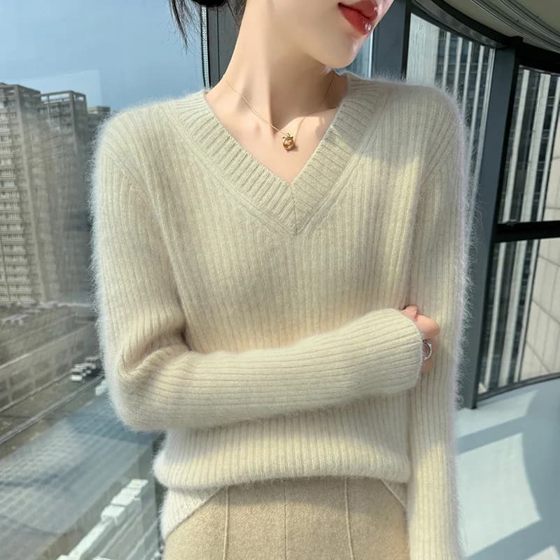 100% puro visone cashmere maglione lavorato a maglia da donna con scollo a V pullover sottile casual caldo barra verticale top nuova camicia che tocca il fondo autunno