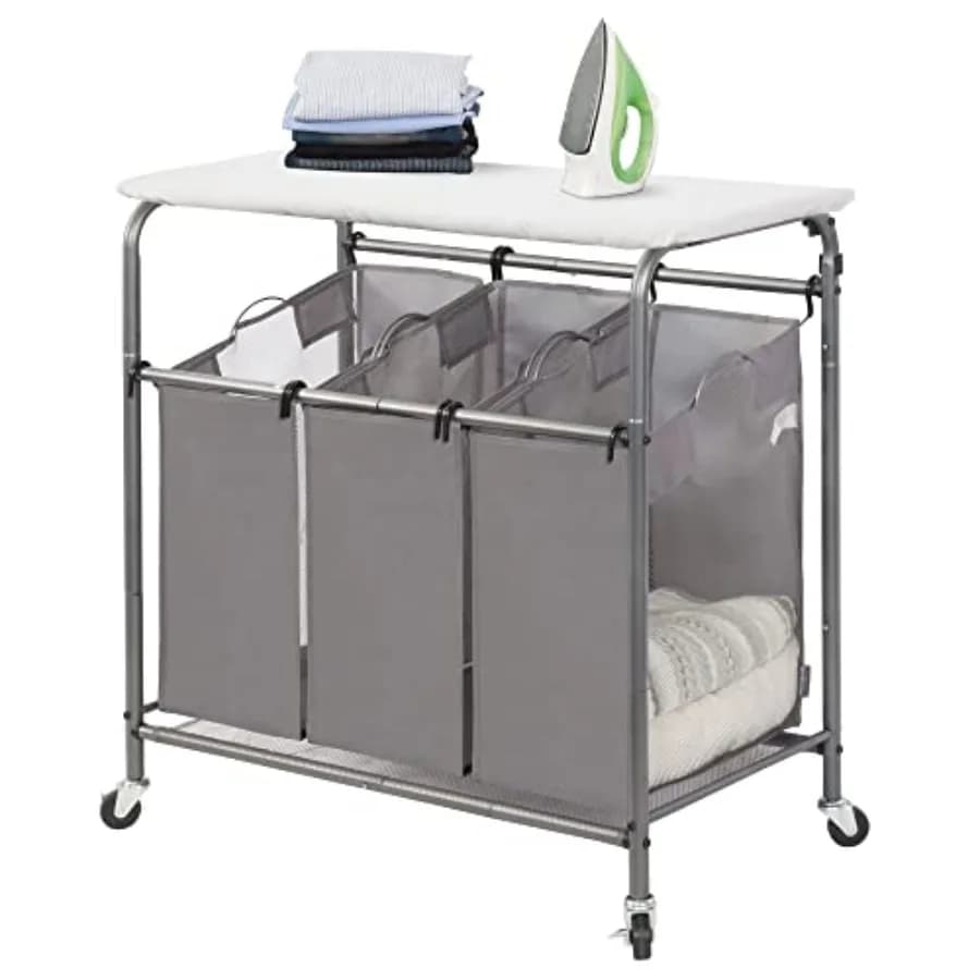 3-Section Laundry Sorter with Foldable Ironing Board Heavy-Duty Rolling Laundry Cart with and Removable Bags Triple Laundry Ham