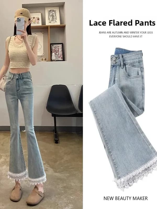 Jeans a Vita Alta e Gamba Larga da Donna, Moda Primavera 2025, Nuovo Stile con Bordo in Pizzo, Pantaloni in Denim Slim Fit a Tre Quarti