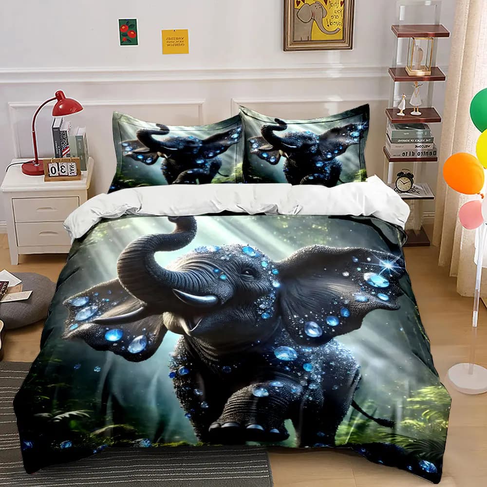 Set di decorazioni con elefanti scintillanti, morbido e confortevole set di biancheria da letto con copripiumino, include 1 copripiumino e 2 federe, regalo