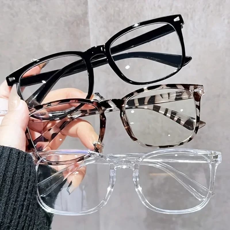3 glasses with light frame in PC, minimalist square transparent lenses - Blue light block, complete frame, for everyday and casual use