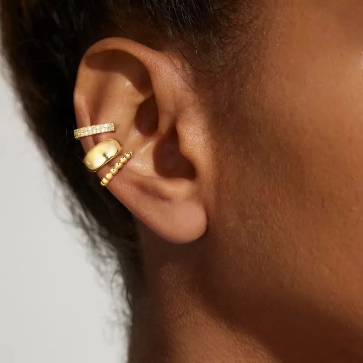 Real gold brass electroplating, smooth large circle, fashionable and simple women's ear bone clip three-piece set