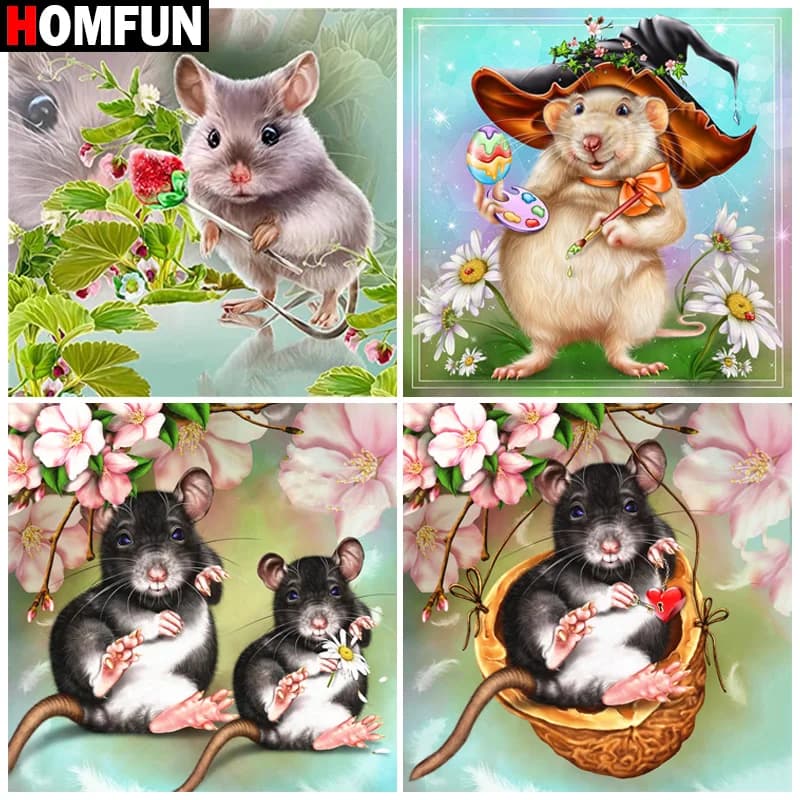 HOMFUN Diamante Pieno Ricamo Fai Da Te Pittura Diamante 5D Punto Croce "Animale Topolino Fiore" Trapano Completo Home Room Decor