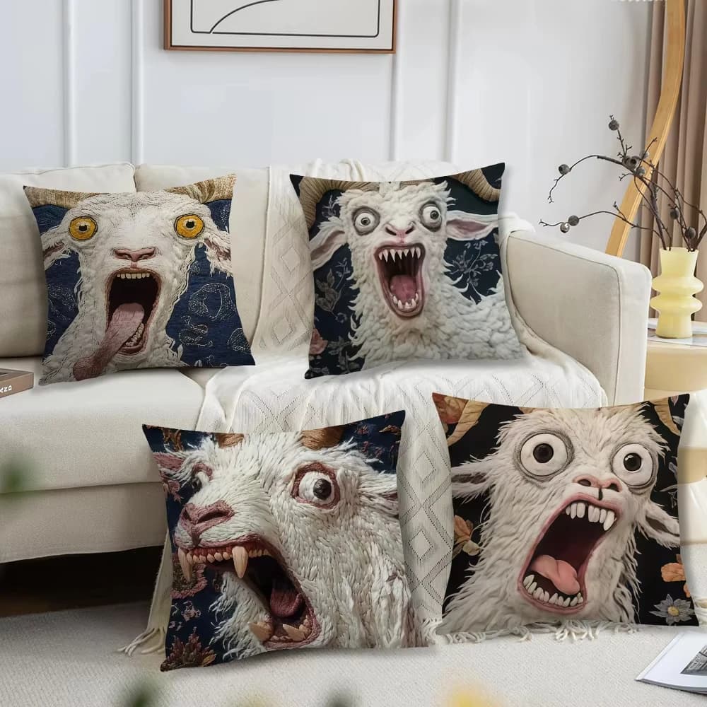2D pillow lining with scary goat face, simple Nordic print for home cushion decoration, office, cafeteria, car, sofa