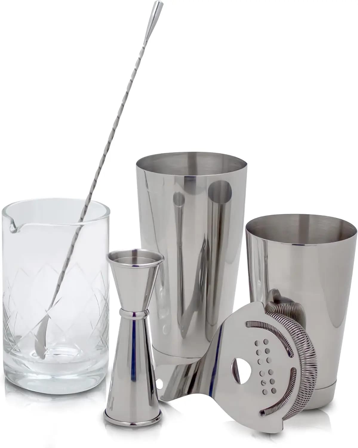 Kit Completo per Barman: Shaker, Colino, Jigger, Cucchiaio, Mixing Glass per Cocktail Agitati e Miscelati
