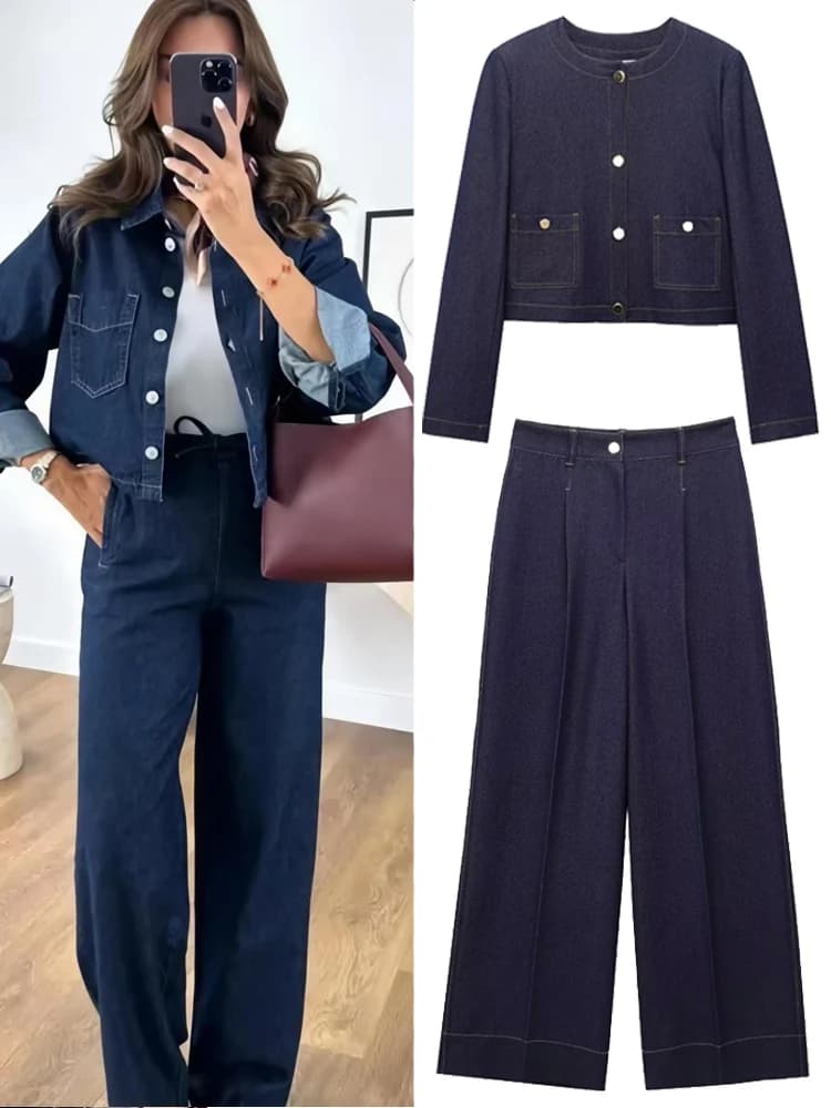HXA Women's jeans set Two-piece jeans set Streetwear Women's trousers jeans set Two-piece jeans jacket