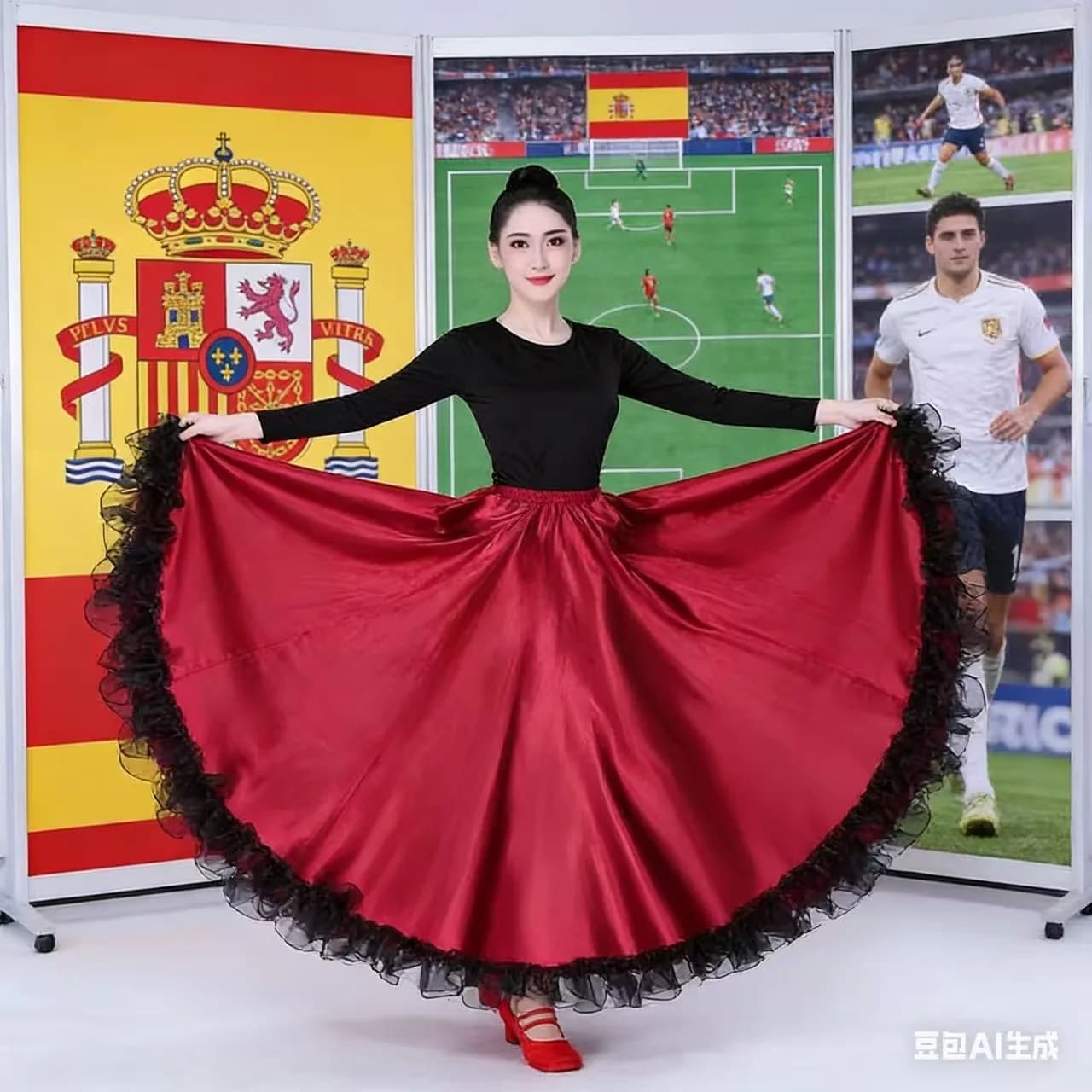 Women's Dress for Dance of Ventre, Flamenco, Gypsy, in Satin of Polyester Smooth, with Large Wheel skirt, for Carnival, Festivals and Ballroom