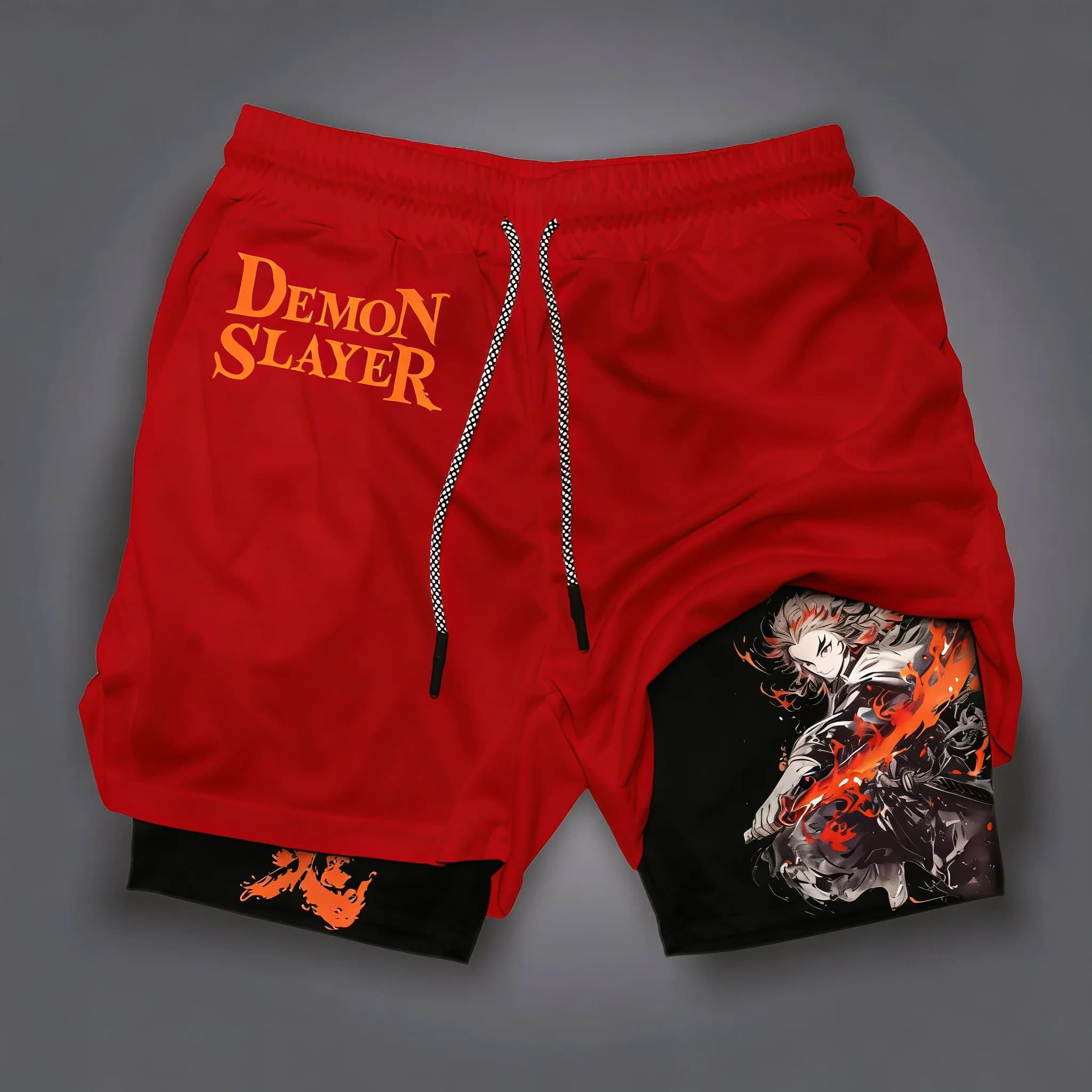 2-in-1 Demon Slayer Men's Sports Shorts, New 2026, with Anime Rengoku Kyoujurou print, Rapid Drying for Swimming and Running