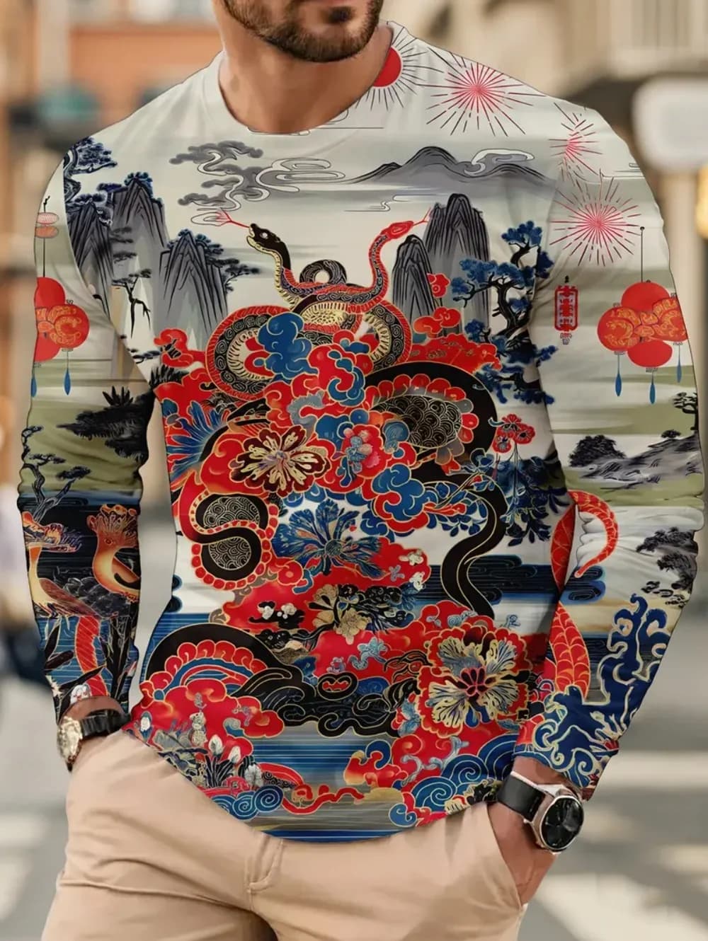 T-shirt vintage stile Harajuku drago stampa 3D top a maniche lunghe magliette casual per uomo oversize Y2k grafica abbigliamento da uomo