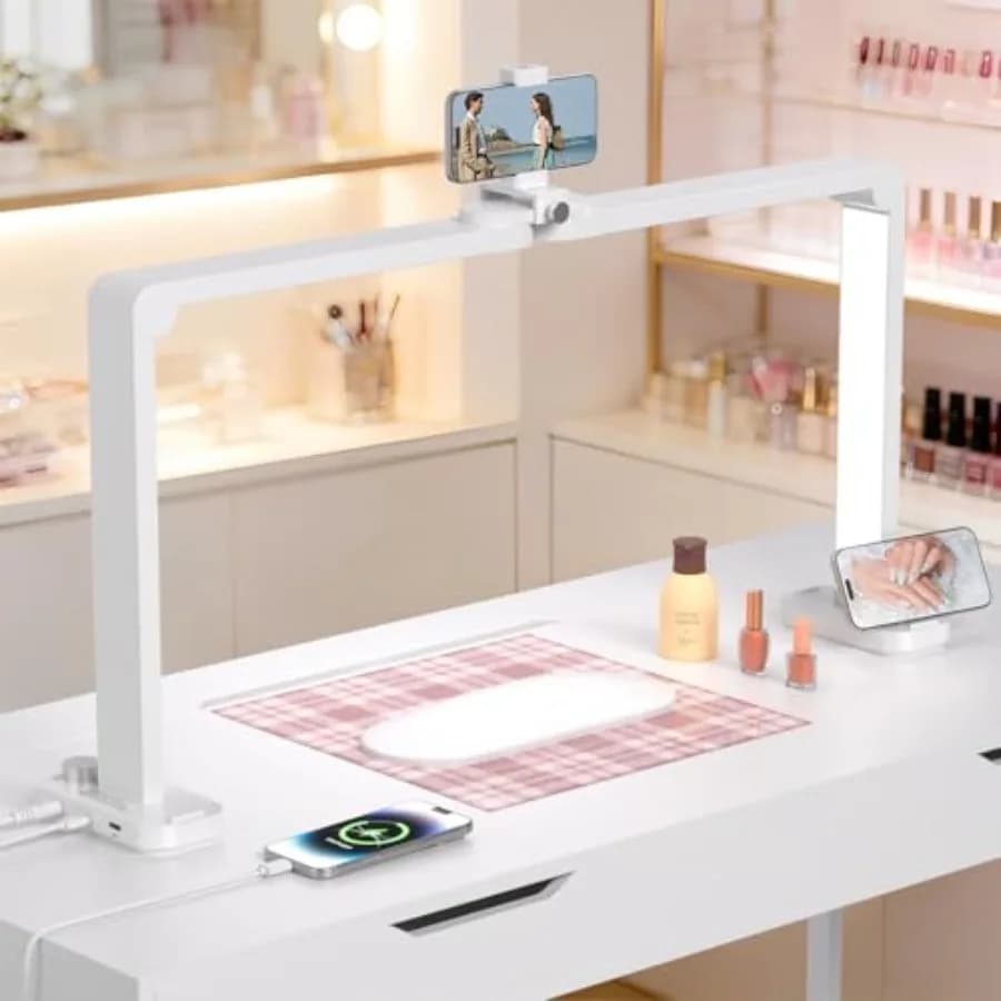 Lampada a Mezzaluna per Scrivania con Supporto per Telefono, Grande Lampada Quadrata per Unghie, Lampada Professionale da Tavolo per Manicure, Luce LED
