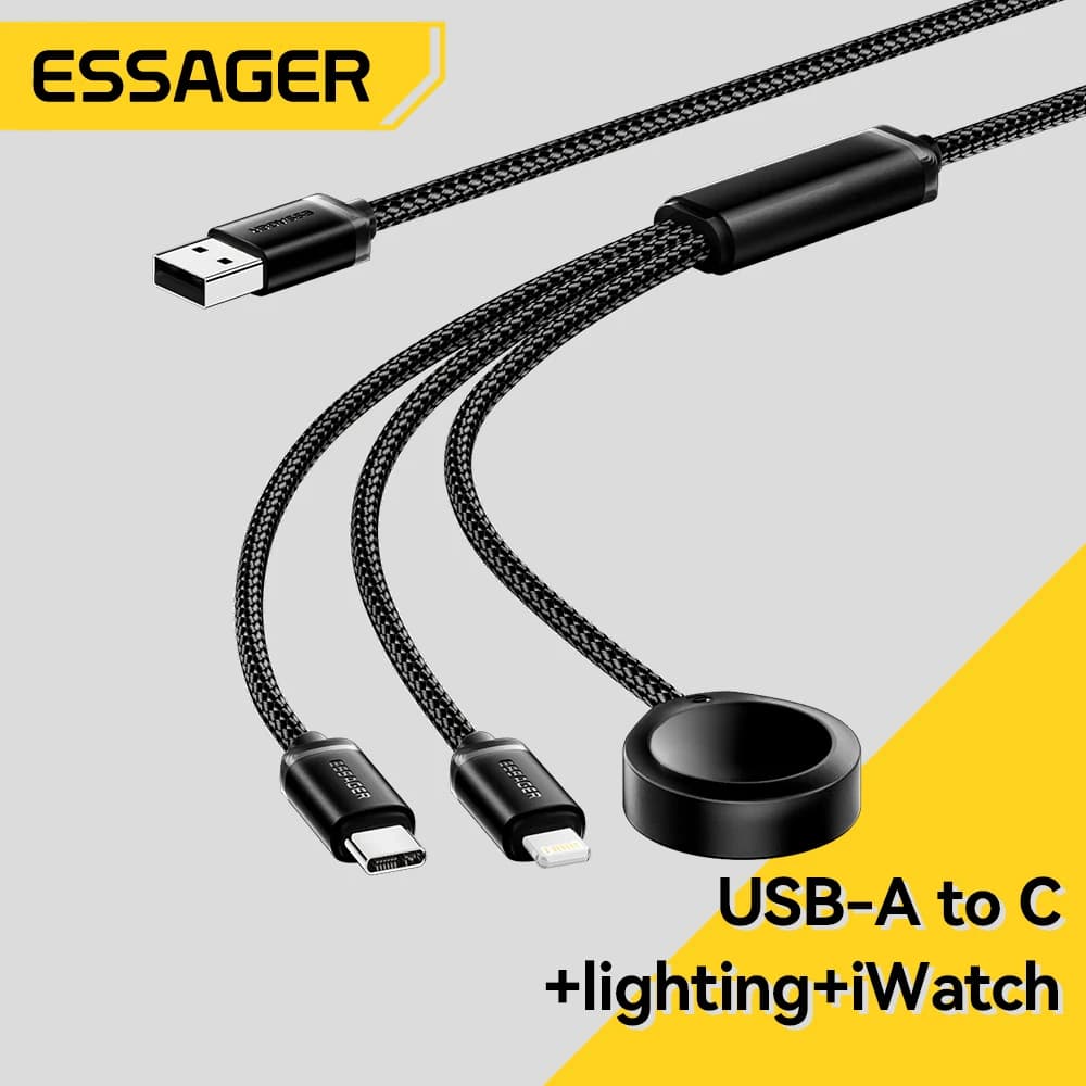 Essager 3 in 1 Multi USB A Charging Data Cable for iPhone 16 15 14 13 Pro Apple iWatch With USB Type C Lightning Charging Cable